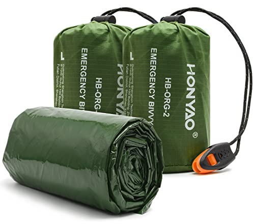 HONYAO Notfalldecke Schlafsack, Survival Biwaksack Erste Hilfe Rettungsdecken Wasserdicht Notfallzelt Ultraleicht Hitzeabweisend Kälteschutz mit Signalpfeifen, für Outdoor Camping Wandern, 2 Stück