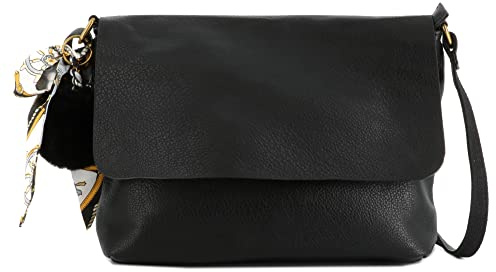 FLORA CO PARIS Sac Bandoulière Messenger Similicuir Souple Léger Avec Pompon Bande Foulard Amovible - Noir