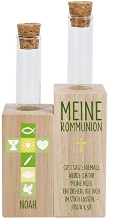 Herz & Heim® Holzvase mit Reagenzgläsern zur Taufe, Kommunion oder Konfirmation, personalisiert Grün, Kreuz - Meine Kommunion