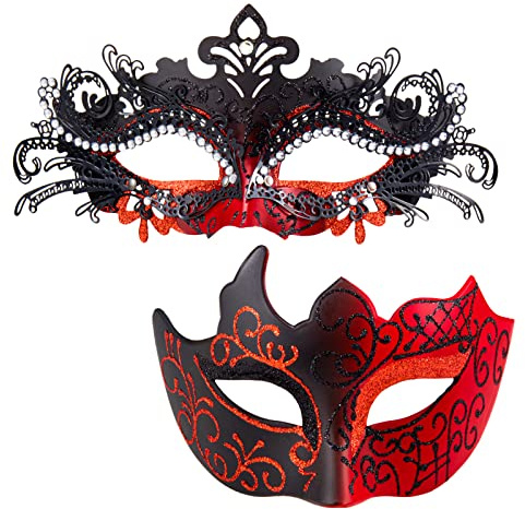 MYSEUNI Maskenmasken für Paare – glänzende Strass-Metallfiligrane venezianische Maske und venezianische Herrenmaske für Karneval, Rot/Ausflug, einfarbig (Getaway Solids), Einheitsgröße