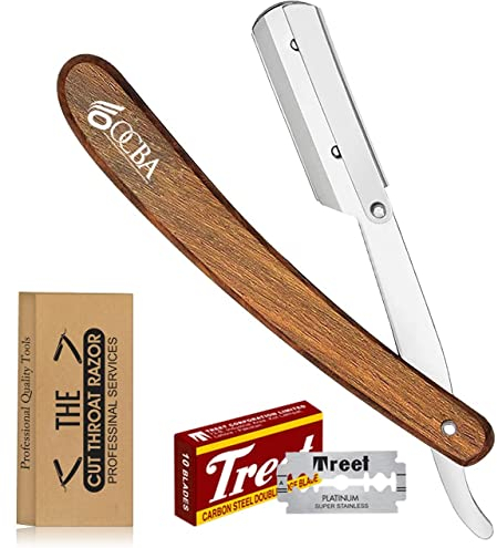 OCBA Navaja de afeitar para hombre & Navaja de Barbero con mango de madera Maquinilla de afeitar para barba de acero inoxidable 20 Medias Cuchillas de Afeitar