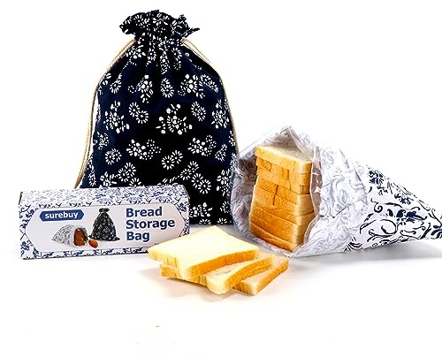 2 X Blue and White Plastic Lined Bread Storage Bag For Homemade Sourdough Bread/Keep Bread Fresh - Reusable Bread Storage Bags