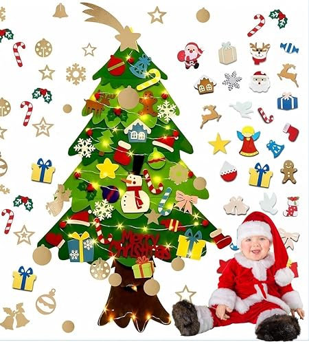 Meridiana - Albero Natale Feltro 132 Cm + 48 Pezzi staccabili e LUCI LED, Albero Montessori, Educativo, Albero per Bambini, ideale per Regali Di Natale