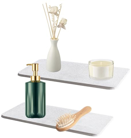 Lot de 2 Plateau en Pierre Absorbant L'eau pour évier, Organisateur d'évier, Dessous de Verre Antidérapant en Diatomite, Tapis de Séchage Rapide Instantané pour le Comptoir de Cuisine (2, Blanc)