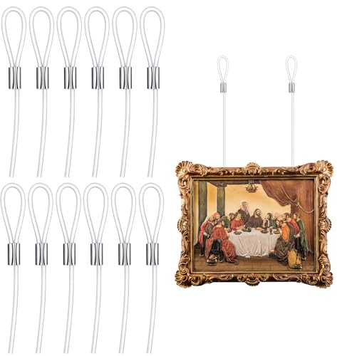 12 Pcs 59 Length Picture Rail Hanging Cord 66 Lb/ 30 kg Load Capacity Clear Nylon Picture Wire Invisible Nylon Cord Cable with Loop for Hanging, Frame Display Supply