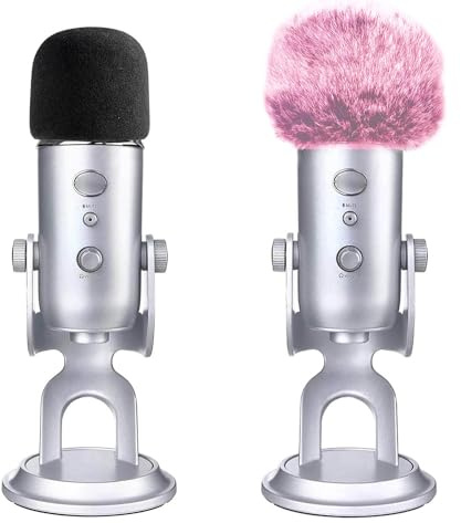 2 Stück VIZEMO Mikrofon-Windschutz aus Schaumstoff mit pelzigem Windschutzscheiben-Muff, Pop-Filter für Blue Yeti, Blue Yeti Pro USB-Mikrofon （Fuzzy-Pink + Schwarzer Schaumstoff)