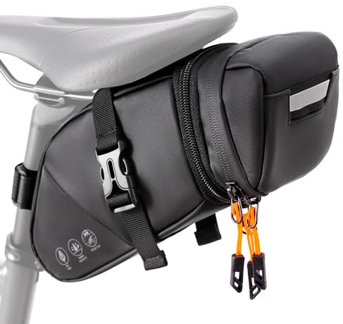 WOTOW Bike Saddle Bag - Waterproof Bike Seat Bag Expandable to 2L - Reflective Bicycle Under Seat Storage Pouch for Road Mountain Bike Cycling Travel