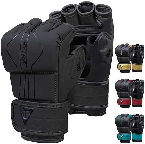 Mytra Fusion MMA-handskar med öppen ventilerad palm sparring handskar kickboxning, brottning, träning, burslåss blandade kampsportshandskar (Black, M)