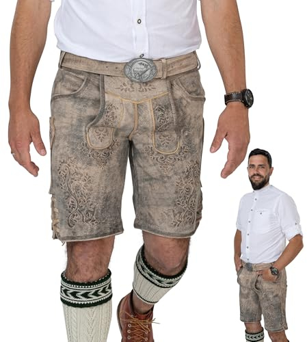 Schöneberger Trachten Couture Herren Lederhose kurz, Original Nubuk-Leder Trachtenhose für Oktoberfest, Trachtenlederhose gespeckt Falk (52)