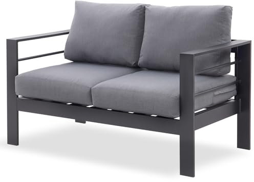 LANOX Gartensofa Gartenmöbel Set 2 Sitzer aus Aluminum,128×65×66 cm, inkl. Sitz- und Rückenkissen, Wetterfest Gartensofa für Balkon Terrasse Garten, Grau