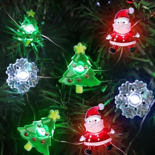 Luci di Natale 3M 30 LED - Catena Luminosa Fiocco di Neve e Babbo Natale per Albero - Decorazioni Natalizie per Esterno Interno Feste Giardino Casa