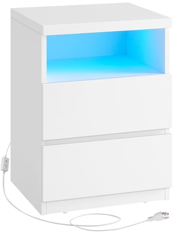 VASAGLE KAILYN Collection - Nightstand with Adjustable LED Light, Bedside Table with Drawers, Side Table, for Bedroom, Living Room, Modern Minimalist Style, White LET634W02