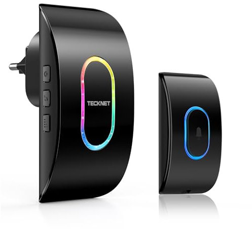 TECKNET Funkklingel, IP65 Wasserdicht Türklingel Funk Set, über 400m Funkreichweite, Funk Türklingel Kit, 60 Melodien, 5 Lautstärkestufen, Türklingel Funk mit RGB-Blitz, Schwarz