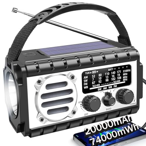 QAUYYW Radio di emergenza, radio meteorologica da 20000 mAh/74000 mWh, radio a manovella solare con allarme meteo AM/FM/NOAA/SW, torcia elettrica e lampada da lettura, allarme SOS, caricabatterie per