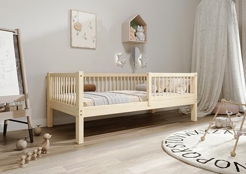 TIMBEE - Alfi - Kinderbett 90x180 cm - Bett Holz Unlackiert - Einzelbett für Kinder mit Lattenrost und Rausfallschutz Abnehmbar - Hohe Beine - Belastbar bis 100 kg - aus Kiefernholz Klasse 1