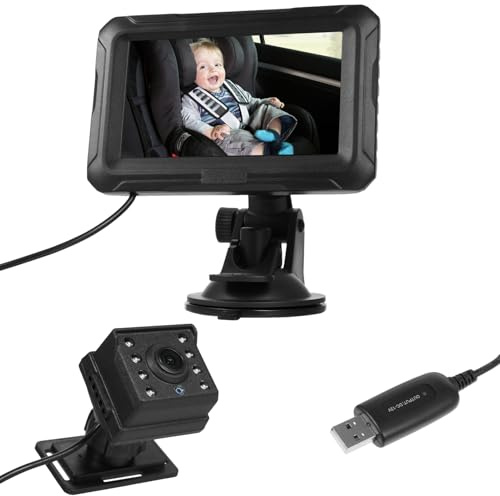 Shkalacar Espejo de coche para bebé de 4.3 pulgadas, monitor de bebé 1080P con enchufe USB de cámara, cámara de bebé con visión nocturna, ángulo de visión amplio de 150° para bebés, niños y mascotas