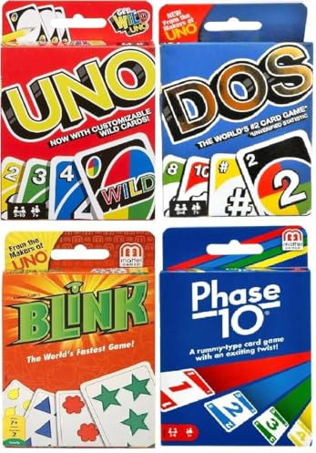 Mattel Uno, Dos, Blink und Phase 10 Kartenspiel, Combo Pack of 4