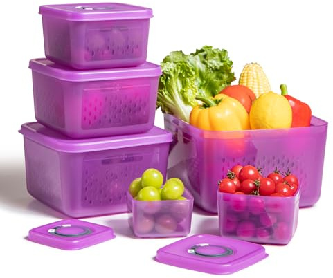 ANJUKE 6PCS (200ml-3700ml) Fruit Storage Containers for Fridge, All-in-One Airtight Food Storage Containers with Lids and 4 Removable Colanders for Washing, Draining, Freshness, date tracker(Purple)