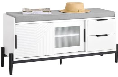 SoBuy Banco Zapatero baúl para Zapatos, Banco con 2 Puertas corredizas y 2 cajones Patas de Metal Blanco L110xP35xH51 cm FSR187-W ES