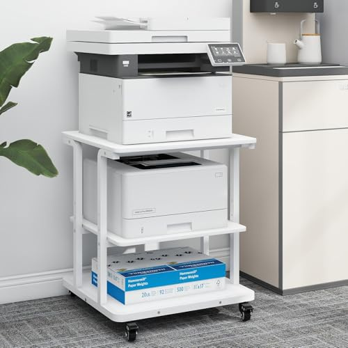 PUNCIA Supporto per Stampante a 3 Livelli Mobile Comodini 60x50x68CM Carrello Porta Tavolino di Stoccaggio con Ruote Scaffale Porta Stampante Sotto Scrivania in Legno per Ufficio e Casa (Bianco)