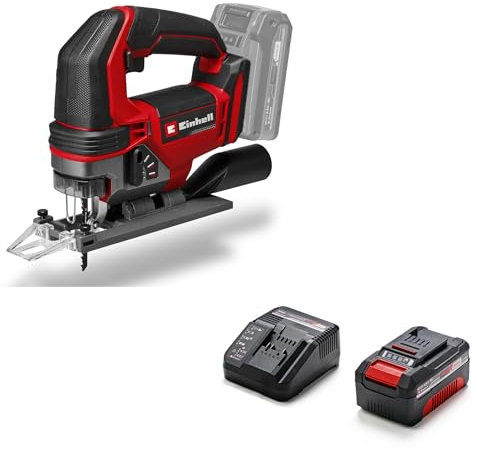 Einhell Akku-Stichsäge TE-JS 18/100 Li Power X-Change (18 V, 100 mm Schnitttiefe in Holz, 26 mm Hubhöhe, max. 45° Schrägschnitte, inkl. 4,0 Ah Akku und Sägeblatt)