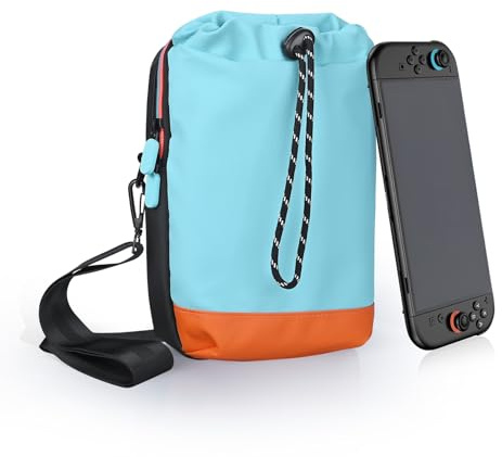 MMOBIEL Travel Crossbody Bag for Nintendo Switch 2 Shoulder Sling Backpack with Drawstring Front Pocket for Joy-Cons, Console & Accessories – Portable Storage Bag – Carrying Case - Blue/Orange