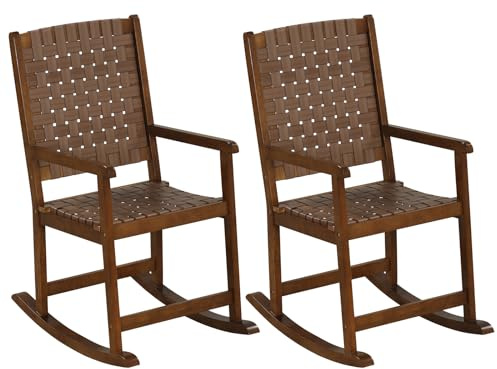 COSTWAY Schaukelstuhl Holz, Gartenstuhl mit Armlehne & PU-geflecht, Liegestuhl mit Gummibaumrahmen, Wippfunktion, Schaukelsessel für Garten, Rasen, Balkon, Outdoor (2)