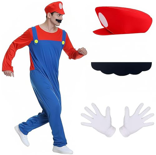 YISKY Mario e Luigi Costumes, Costume Mario Adulto, Costume Cosplay Mario Luig Tema, Mario Costume Accessories con Cappello, Guanti, Baffi, per Halloween Carnevale Cosplay (Rosso)