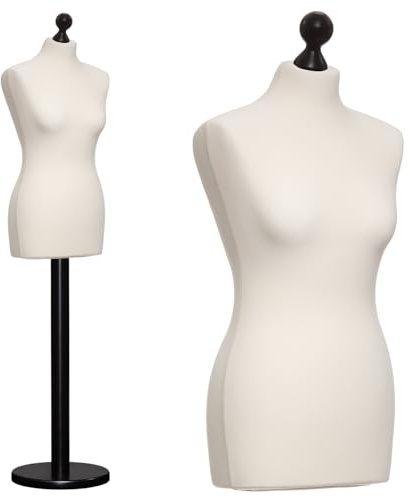 DummyDoll Schneiderpuppe weiblich Größe 36/38, Überzug Creme/Ecru, Fuß Holzteller + Holzknauf schwarz
