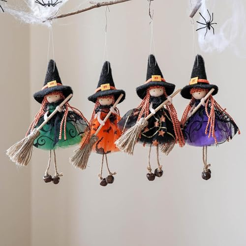 4 Stück Halloween Deko Hexenfigur, 20cm Halloween Hängende Hexenpuppe Hexen Deko Hängend hexen Figure Wichtel Figure mit Besen für Tischdeko Party (Mehrfarbig)