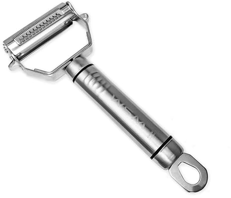 Coupe-julienne 2 en 1 en acier inoxydable | éplucheur de légumes et éplucheur de fruits | Double lame pour éplucher et couper en bandes pour légumes et pâtes + 2 sacs de rangement en coton