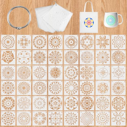 48 piezas Mandala Stencil, 10 x 10 cm Stencil Plantillas para Pintar, Plantillas para Dibujar, Reutilizables Mandala Stencils Plantillas, Múltiples Patrones, para Lienzo, Papeles, DIY Pintura, Blanco