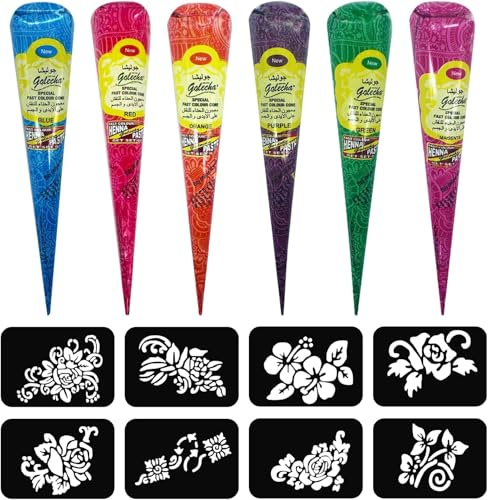 6er-Pack Natürliche Temporäre Tattoos mit 8 Schablonen | Jeder Kegel enthält 25g Paste für Körperkunst, Malen, Zeichnen, Tattoos, Sommersprossen (Blau Rot Orange Violett Grün Magenta)