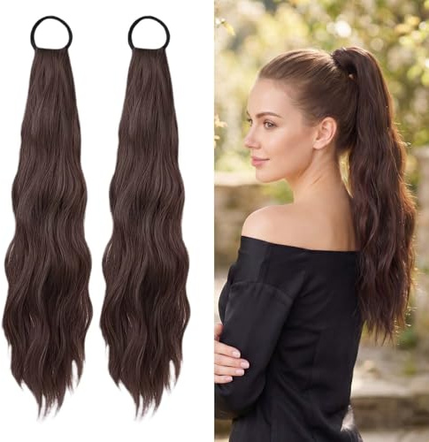 2 Pcs Haarverlängerung Zopf, Dunkelbraun Hair Extensions Zopf 45cm, Haarteil Pferdeschwanz mit Gummizug Modisch Vielseitig Kombinierbar Süß Facettenreich Natürlich Gewellt für Verschiedene Szenarien