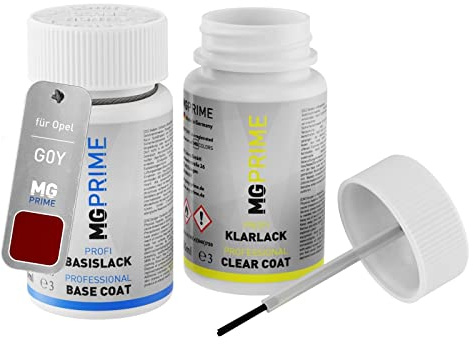 MG PRIME Autolack Lackstift für Opel G0Y / 50W Rioja Red Metallic +1K | Rouge Braun Metallic, Set aus Basislack + Klarlack, Lackfläschchen mit Pinsel, je 50ml