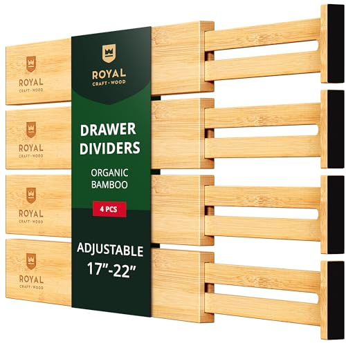 ROYAL CRAFT WOOD Expandable Bamboo Drawer Dividers Organizers - Adjustable Drawer Separators Best for Kitchen, Bathroom, Bedroom, Office or Dresser Organization, Set of 4, 16.5-22