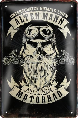 schilderkreis24 - Blechschilder Lustiger Biker Spruch: “UNTERSCHÄTZE Niemals EINEN Alten Mann AUF EINEM Motorrad” Deko Geschenkidee Motorrad Fans 20x30 cm