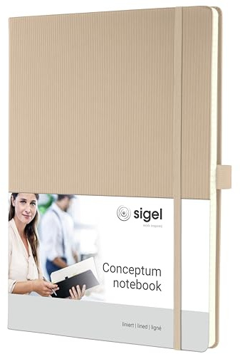 Sigel Conceptum Premium Notizbuch A4 liniert beige Hardcover | CO641, 194 nummerierte Seiten, Inhaltsverzeichnis, Falttasche und Stiftschlaufe