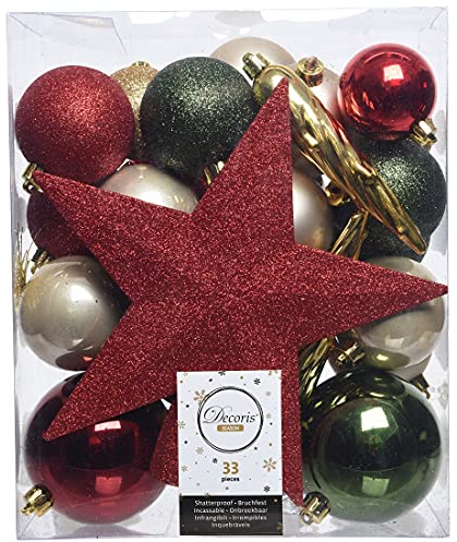 ETC dekorativer bruchfester Kugelmix mit Sternspitze als 33er Set Weihnachtskugeln Baumkugeln bruchfest für innen und außen (rot-grün-Perle)