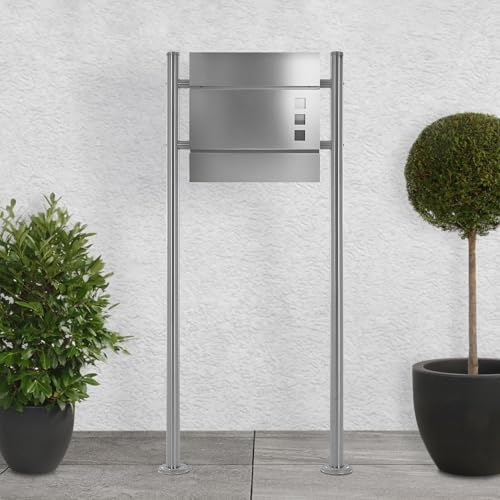 ECD Germany Standbriefkasten mit Zeitungsfach, Design Briefkasten mit Pfosten, Briefkastenanlage, Briefkastenständer Silber 120cm/Postkasten Anthrazit 37x10,5x36,5cm, Edelstahl/Stahl pulverbeschichtet