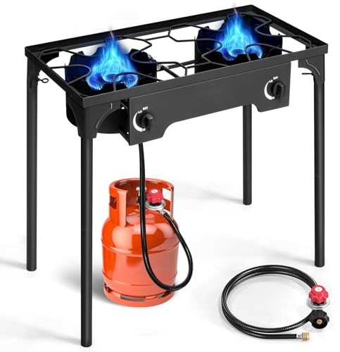 Outvita 2 Burner Propane Gas Stove for Outdoor Cooking, 150,000 BTU Camping Cooker with Removable Legs, Temperature Control Knobs for Backyard Cooking, BBQ, Baking and Frying