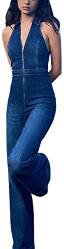 Glkaend Denim Jumpsuit for Women Sexy Slim Fit Zipper Sleeveless V-Neck High Waist Fashion Jean Pants Rompers,Blue,M