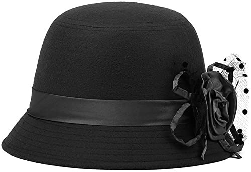 WULIQIUQIU Womens Vintage Felt Cloche Hat Winter Floral Fedora Bucket Hat Bowler Hats Black