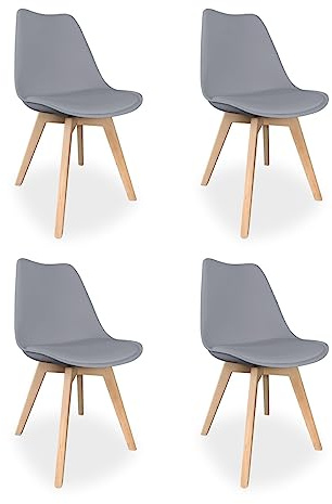 Homey, Pack de 4 Sillas Escandinavas Acolchadas para Cocina, Salón o Comedor, Modelo Sena, Patas de Madera, Prácticas y Funcionales, Fácil Montaje, Color Gris