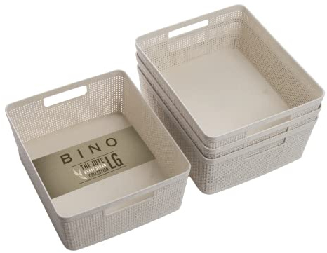 BINO - Woven Plastic Basket, Medium (Natural), 4-Pack, The Jute Collection, Home Organization, Space-Saving Storage, Stylish Design, Jute Basket