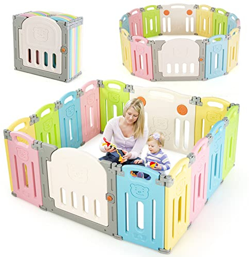 COSTWAY Baby Laufstall faltbar mit 14 Paneelen, Laufgitter aus Kunststoff, Krabbelgitter mit Tür und Spielzeugboard, Spielzaun Schutzgitter für Baby & Kleinkinder (Bunt)