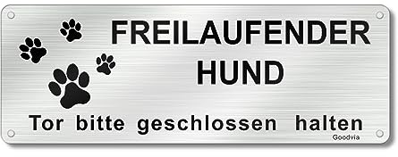 Goodvia Hier Wache ich Hund | Vorsicht Freilaufender Hund schild | Betreten auf Eigene Gefahr Schild 25x9cm Gebürstetes Aluminium mit 4 Vorgebohrten Löchern