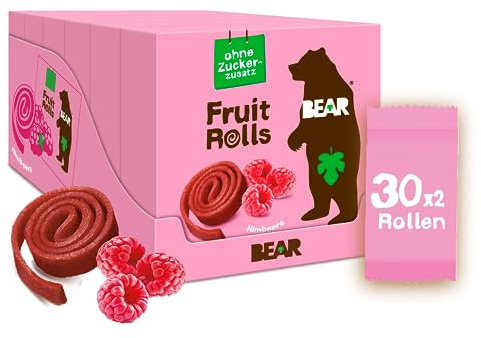BEAR Fruchtrollen Himbeere | 100% Natürliche Inhaltsstoffe | 30x20g (600g) | Gesunder Snack für Kinder & Erwachsene | Ohne Zusatz von Zucker