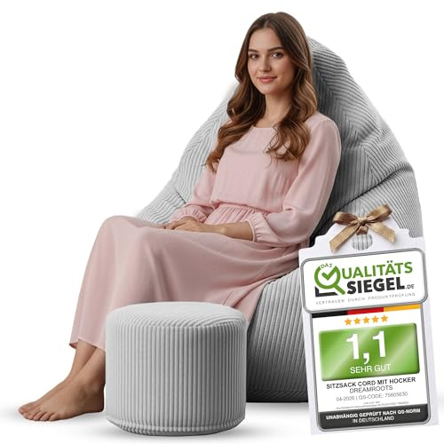 DreamRoots Sitzsack Erwachsene Cord 80x80x120 mit Hocker, Cool Gray | Bean Bag Chair mit Hocker, Lehne & Bezug, mit Füllung, Sitzkissen Boden, für Teenager & Erwachsene