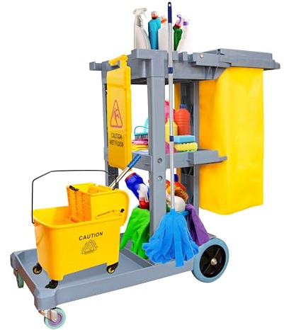 Berry Janitorial Cart with Mop Holder | Standard Size Cleaning Trolley with Cloth Bag | Rolling Janitor Utility Cart | Commercial Housekeeping Utility Cart on Wheels for Hotels, Schools & Business